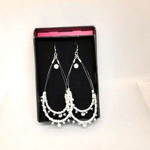 2 Pairs Avon Bohemian Princess Earrings Long White Beaded Hoops + Studs 2-pack